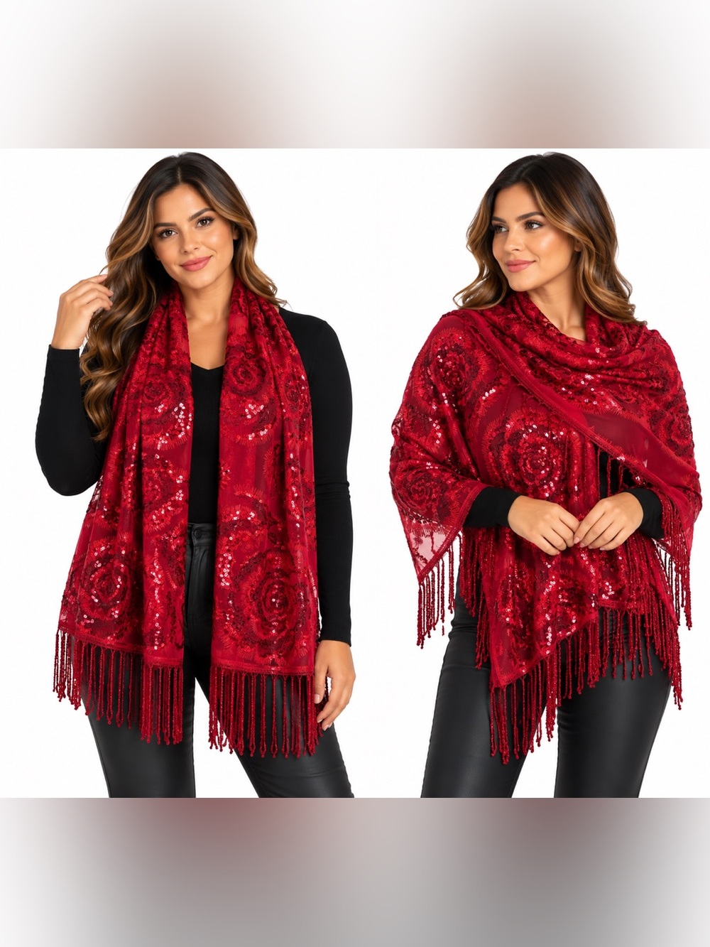 R&R Sequin Floral Fringe Scarf in Red NWT